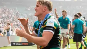 Northampton vs Newcastle preview: Henry Pollock celebrating in a Northampton Saints kit